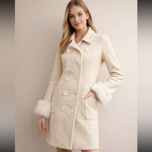 100% Wool Elegant Cream Double-Breasted Women's Coat